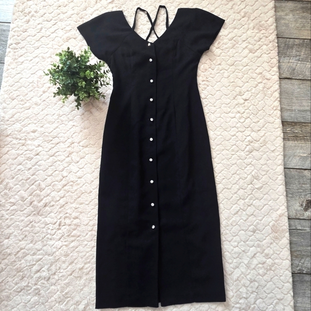 CDC Evening Vintage Black Cap Sleeve Faux-Diamond Button Front Formal Dress, 4